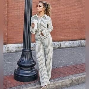 Kittenish ivory green and brown striped wide leg satin pants size small